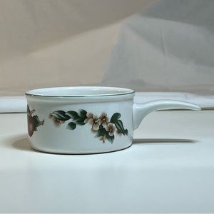80’s vintage Apples & Blossoms stoneware.  4.5”x 2.25” soup dish w/handle.